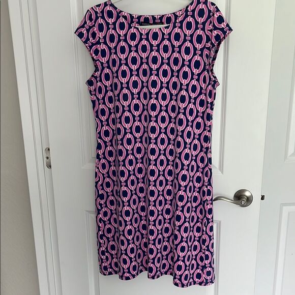 Barbara Erickson Pink & Navy Sheath Dress Chain Pattern SZ M - Picture 1 of 9